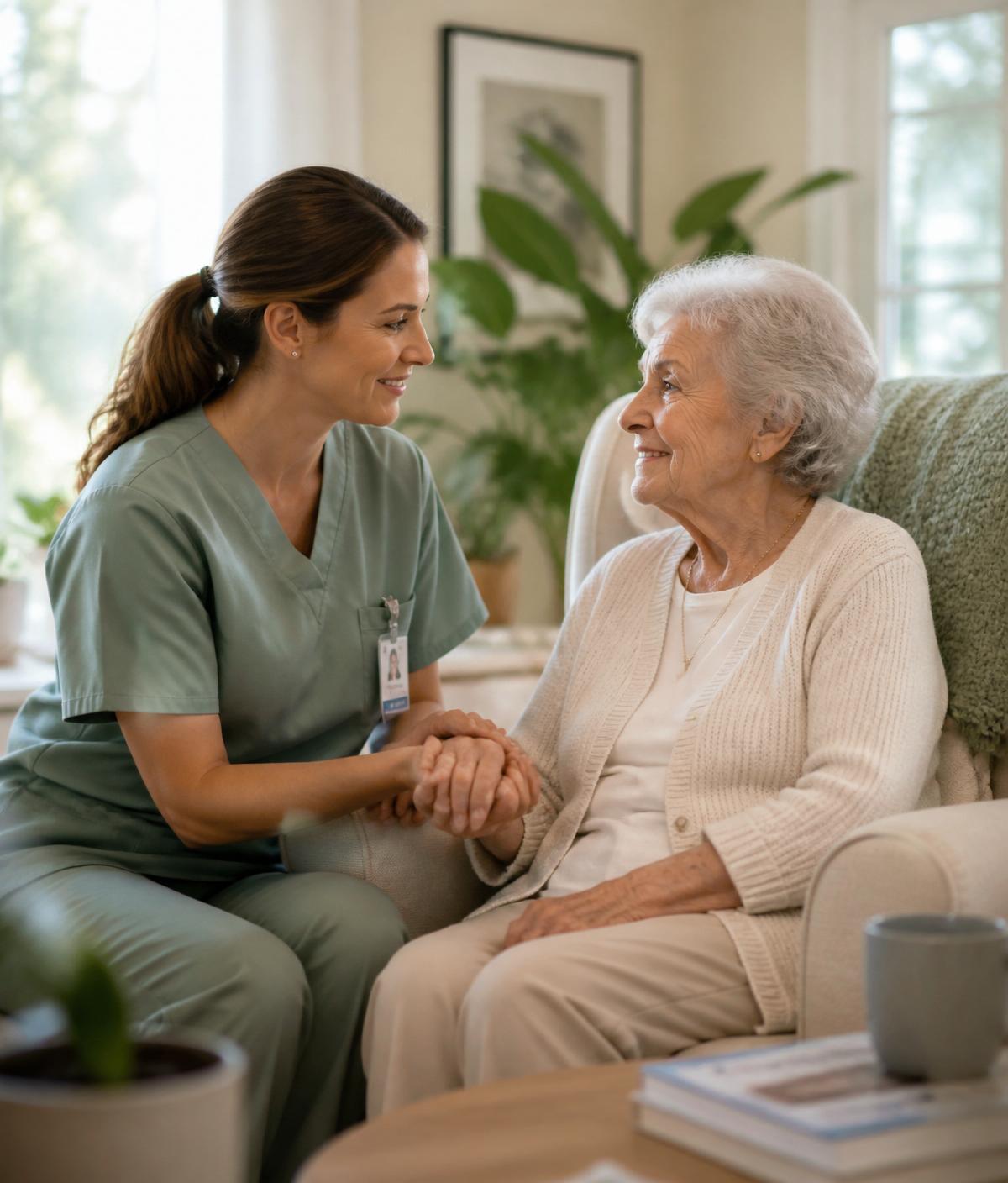 A caregiver gently holding the hand of an elderly woman in a bright, cozy living room